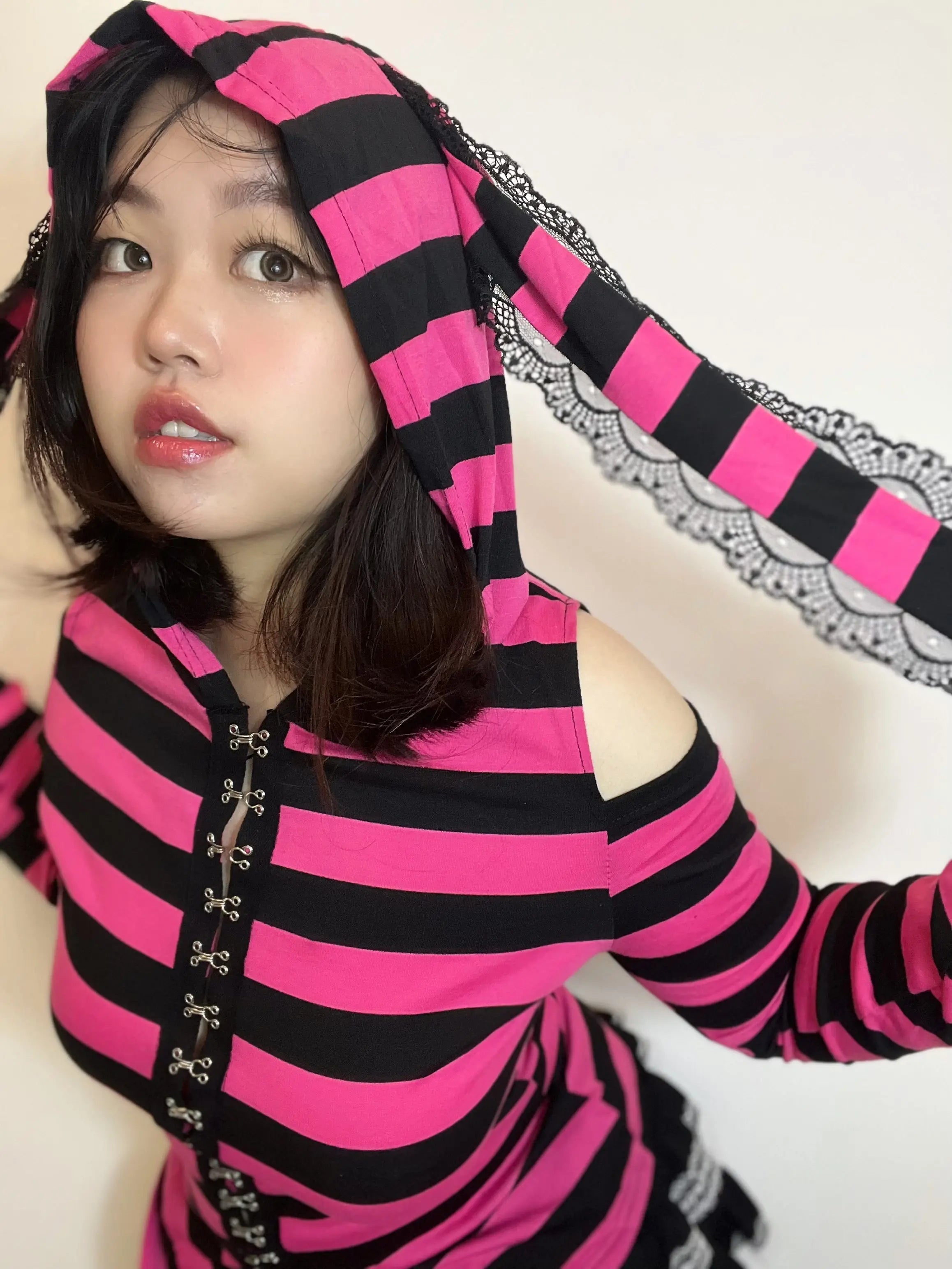 'Neon Rabbit' Kawaii Goth Pink Striped Rabbit Ear Top