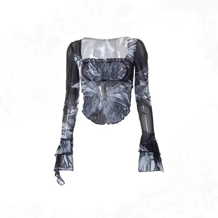 'Nightmare' Butterfly Goth Dark Print Mesh Top