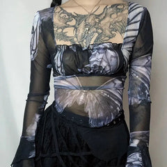 'Nightmare' Butterfly Goth Dark Print Mesh Top