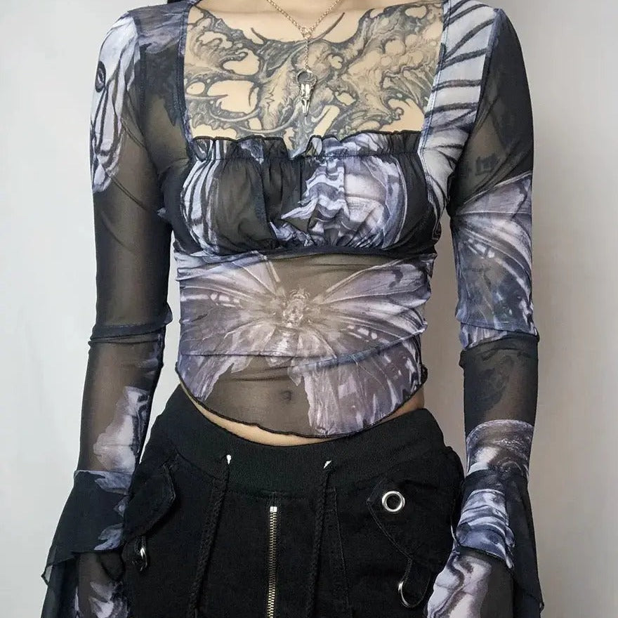 'Nightmare' Butterfly Goth Dark Print Mesh Top