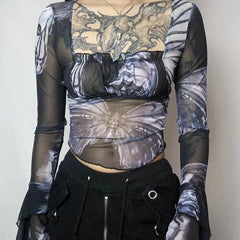 'Nightmare' Butterfly Goth Dark Print Mesh Top