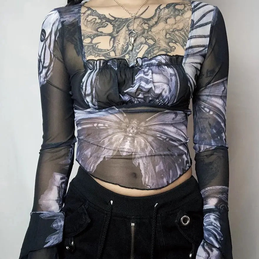 'Nightmare' Butterfly Goth Dark Print Mesh Top