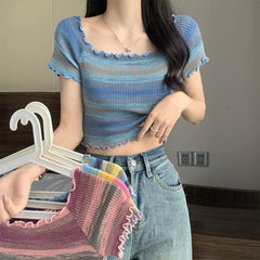 Round Neck Striped Colorblock Casual Retro Short Sleeve Cropped Top