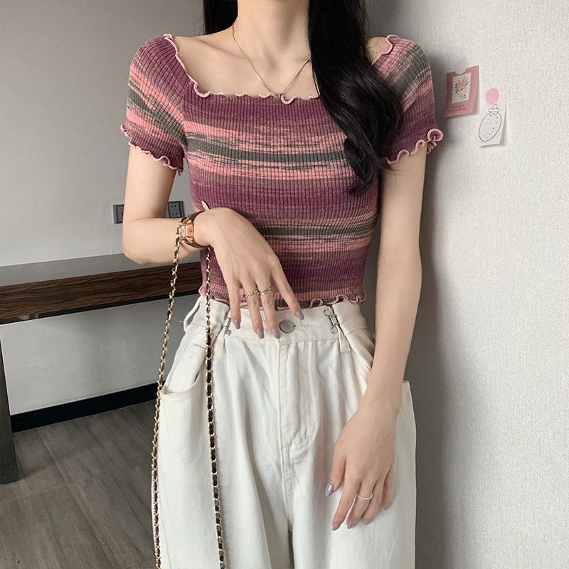 Round Neck Striped Colorblock Casual Retro Short Sleeve Cropped Top