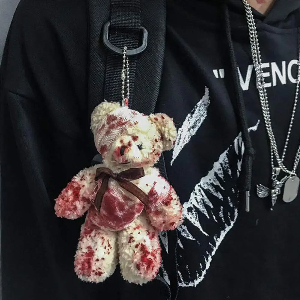 'OW!' Punk Bloody Injured Bear Bagchain Keychain