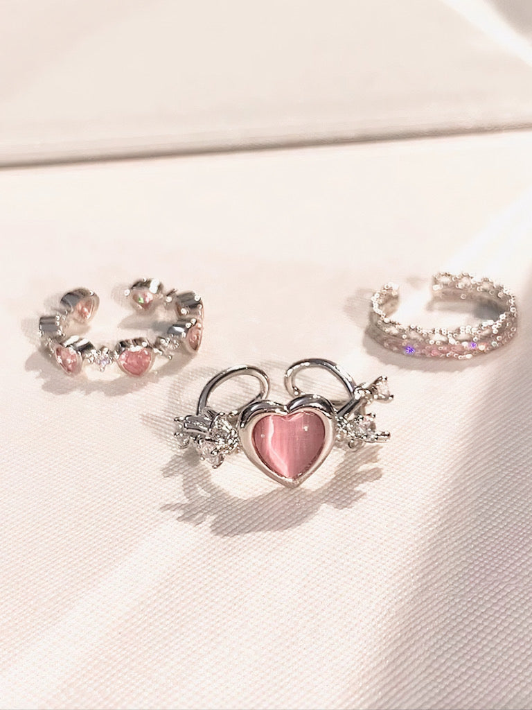 'Open Arms'  Coquette Pink Heart Rhinestone Rings Set