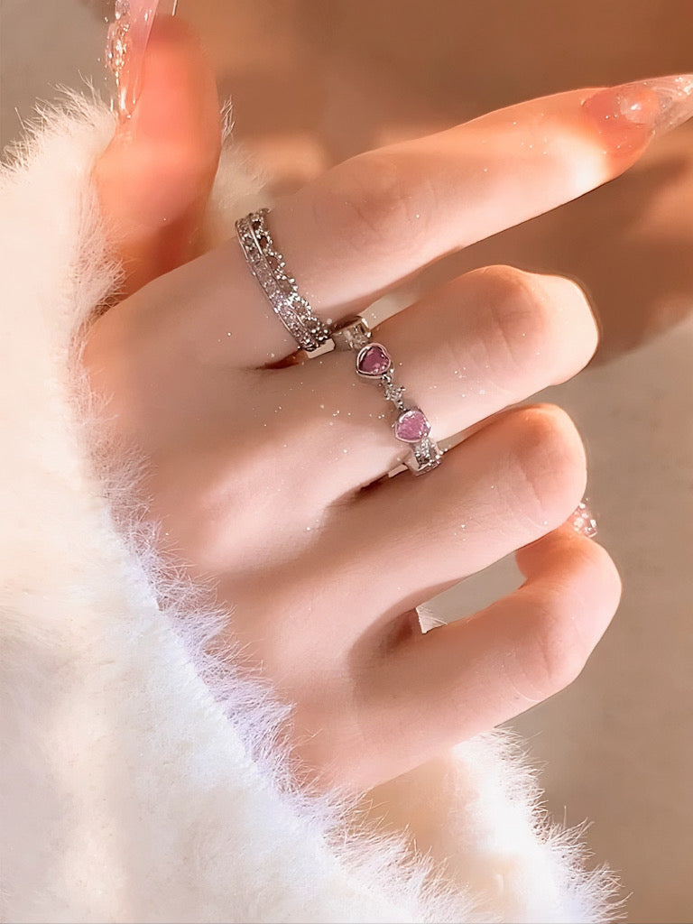 'Open Arms'  Coquette Pink Heart Rhinestone Rings Set