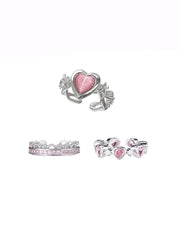 'Open Arms'  Coquette Pink Heart Rhinestone Rings Set