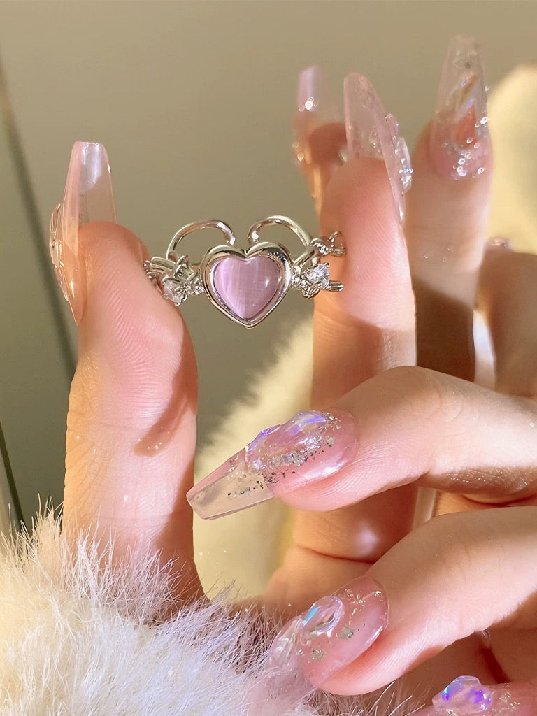 'Open Arms'  Coquette Pink Heart Rhinestone Rings Set