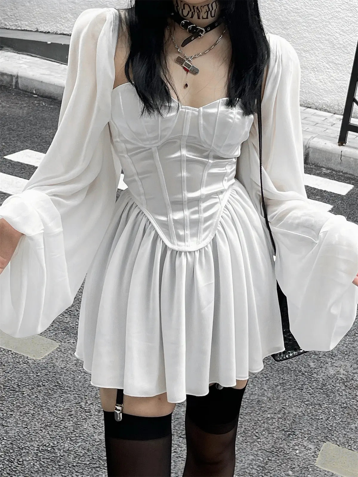 'Pale Moon' Long Sleeve Goth Corset Dress