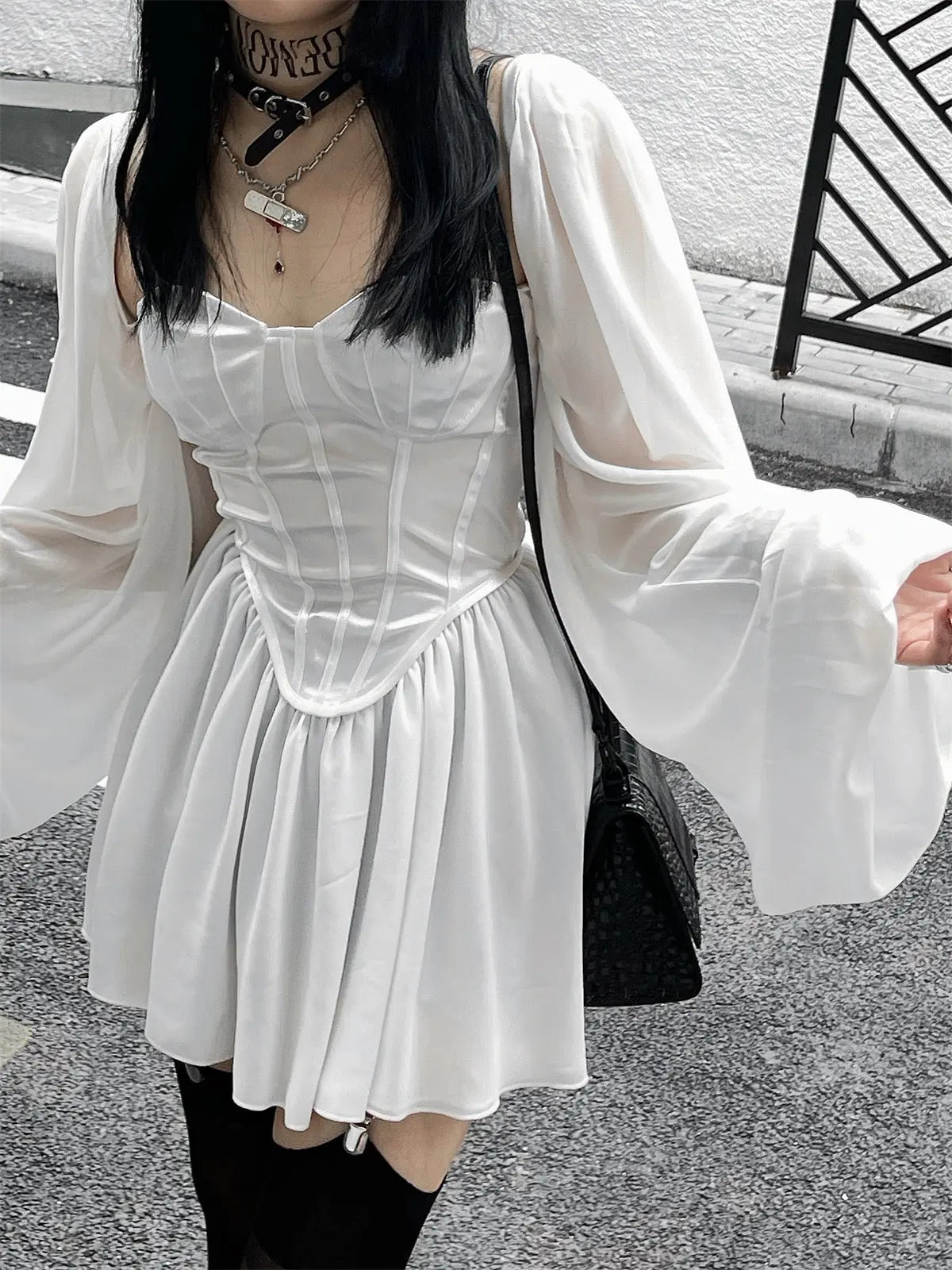 'Pale Moon' Long Sleeve Goth Corset Dress