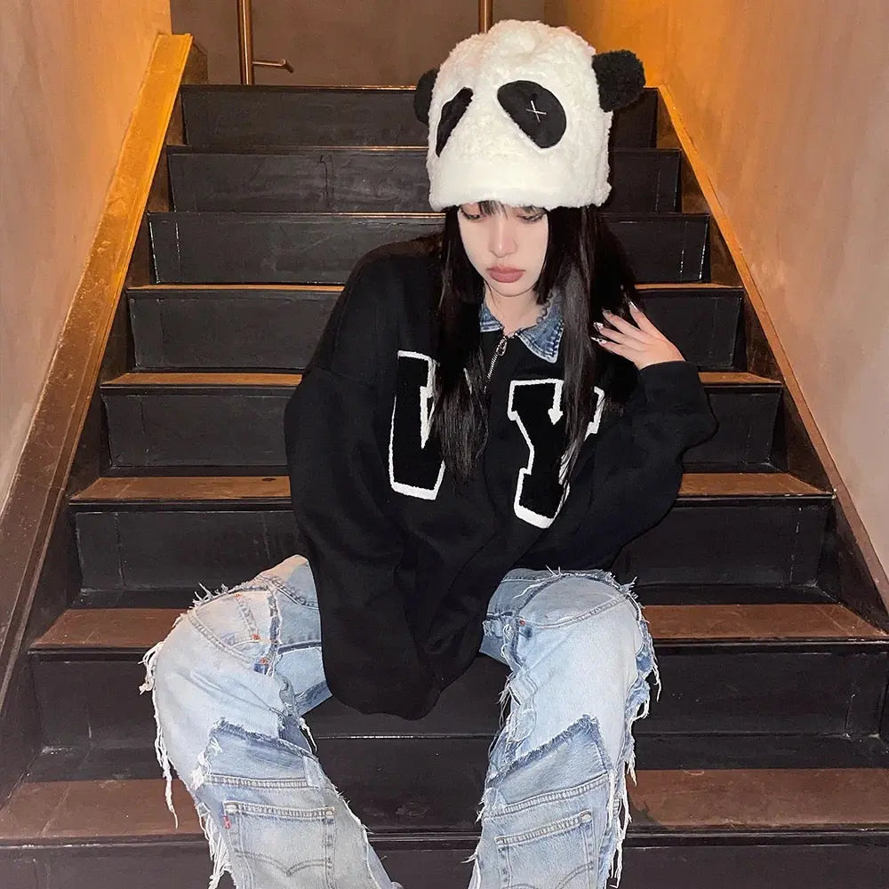 'Panda' Kawaii Black and White Fluffy Hat