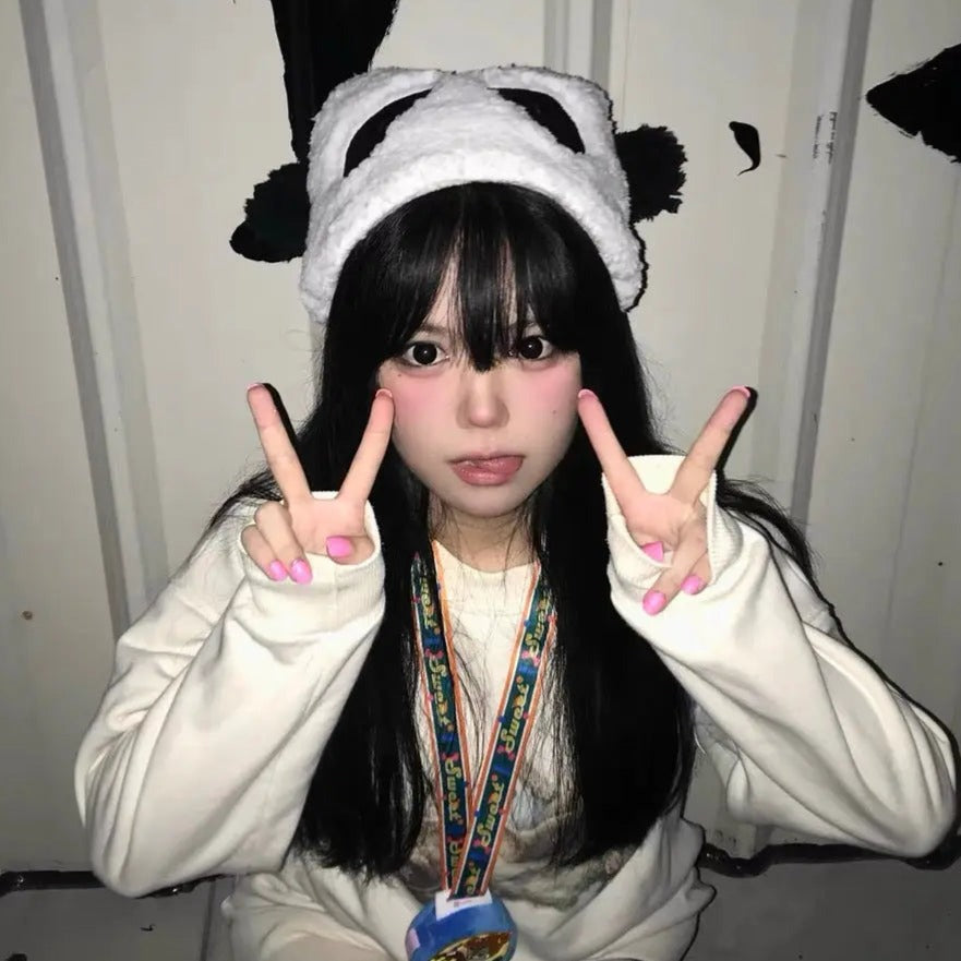 'Panda' Kawaii Black and White Fluffy Hat