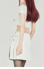 'Passion' White Pu Leather Pleated Skirt