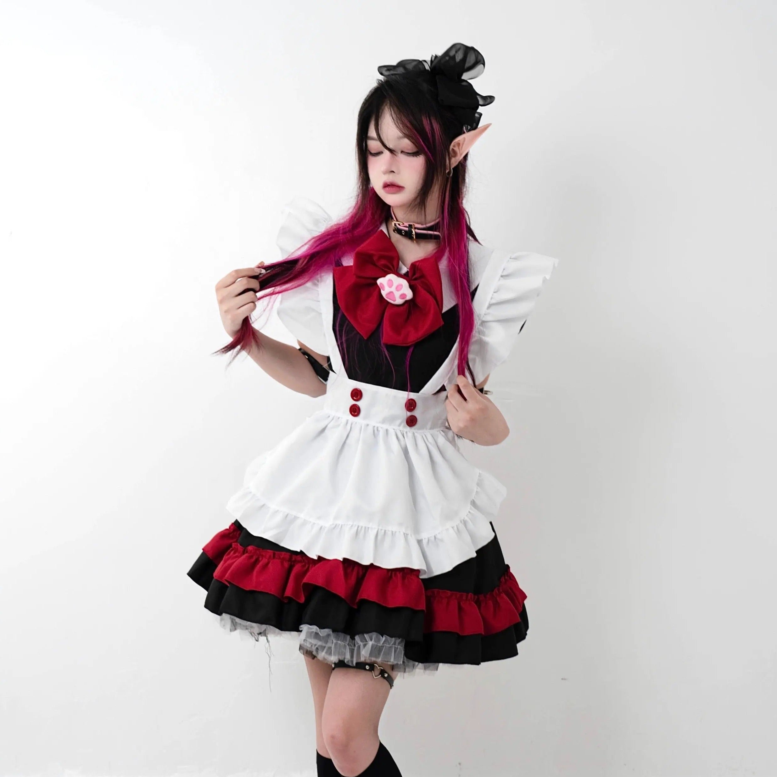 'Pawcess' Kawaii Goth Red Bow-tie Maid Dress