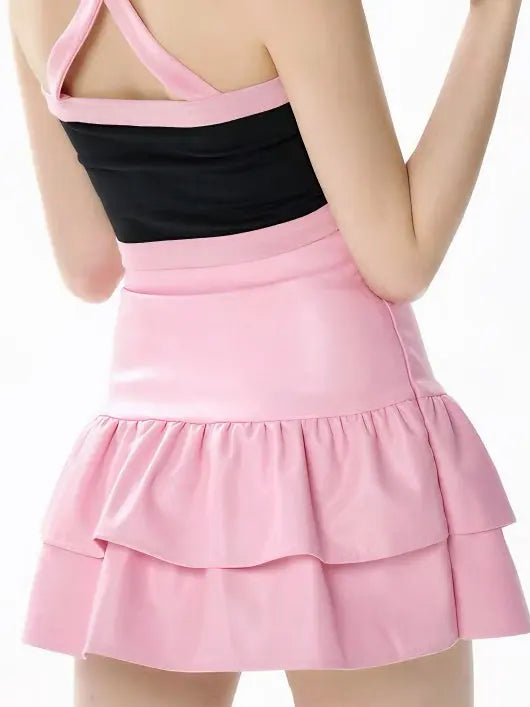 'Peach Cream' Bow-tie Pu Leather Skirts