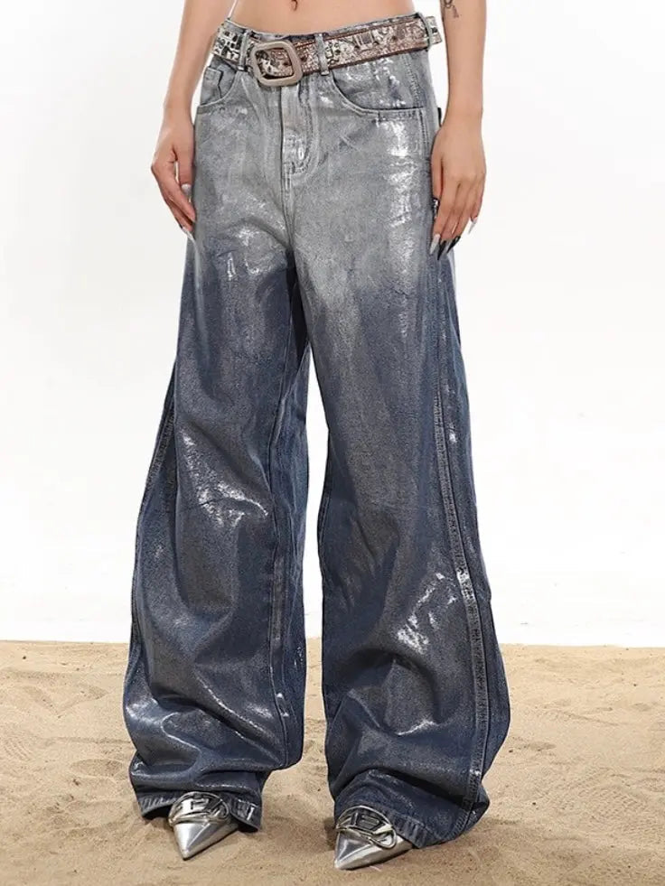 'Perfect Night' Streetstyle Retro Silver Shinning Oversized Pants