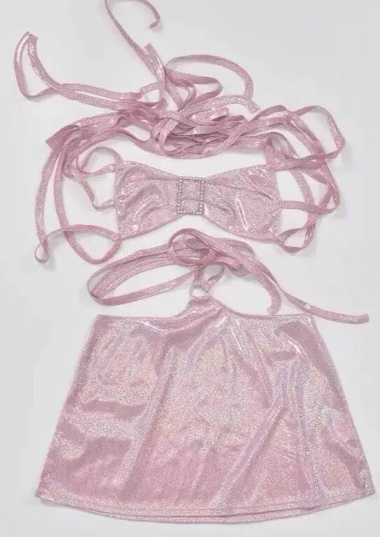 'Pink Bomb' Y2k Lace Up Shinning Reflective Dress