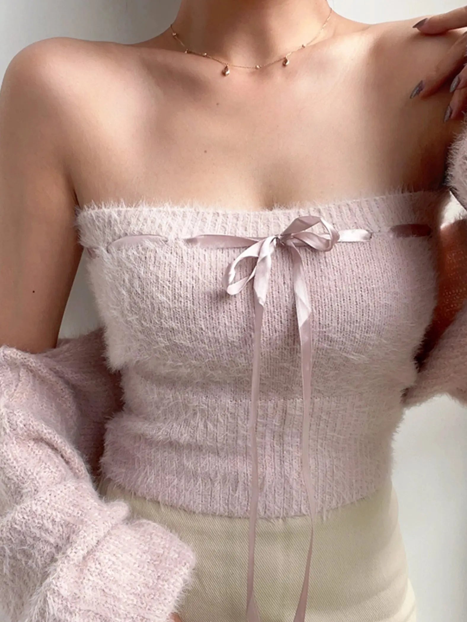 'Pink Clouds' Mohair Soft Pink Coquette Ribbon Sweater Set