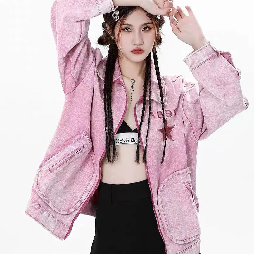 'Pink Star' Denim Pockets Oversized Jacket