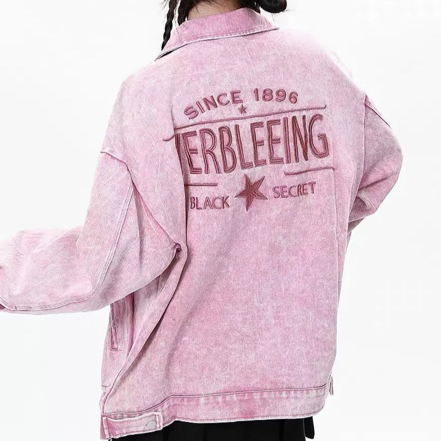 'Pink Star' Denim Pockets Oversized Jacket