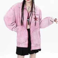 'Pink Star' Denim Pockets Oversized Jacket