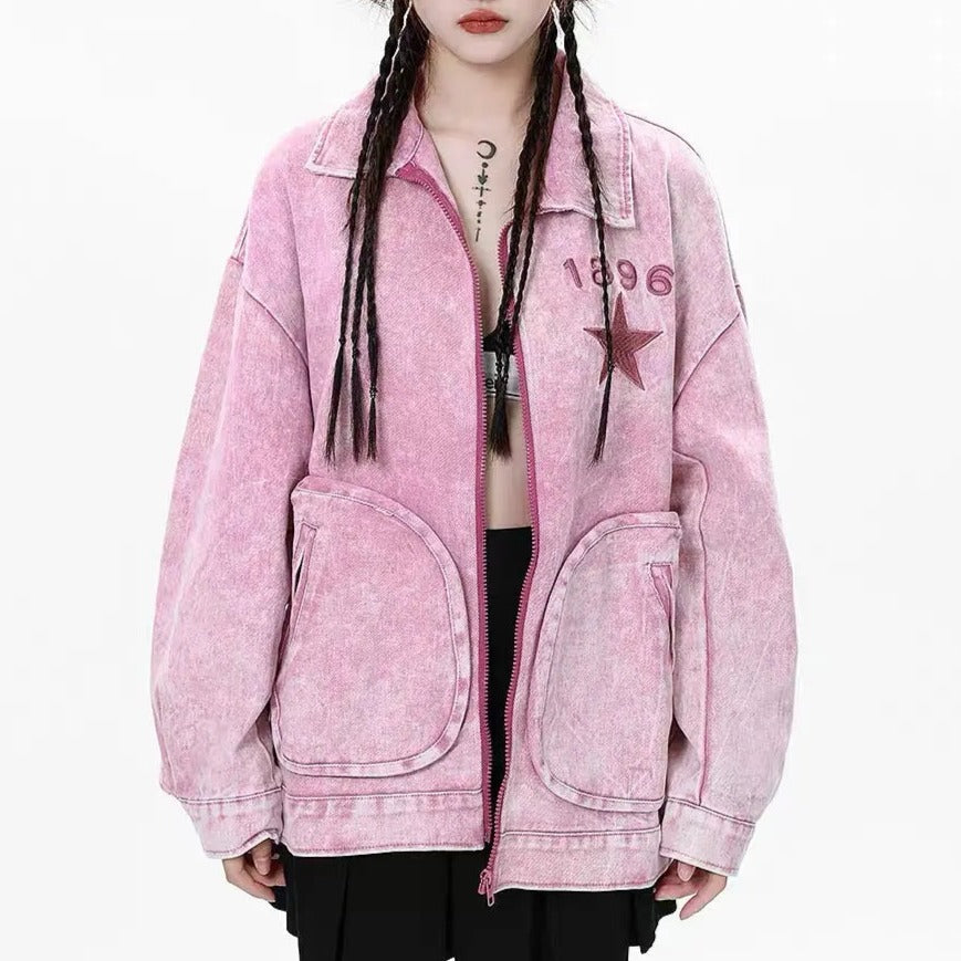 'Pink Star' Denim Pockets Oversized Jacket