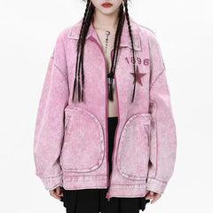 'Pink Star' Denim Pockets Oversized Jacket