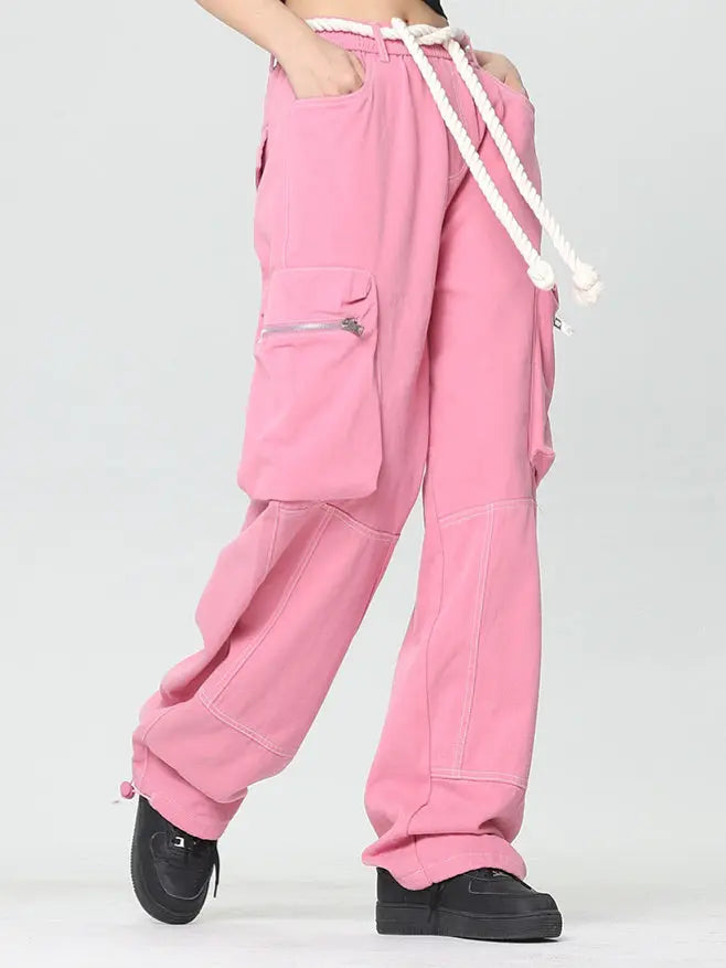 'Pink Wall'  Rope Belt Oversized Cargo Pants