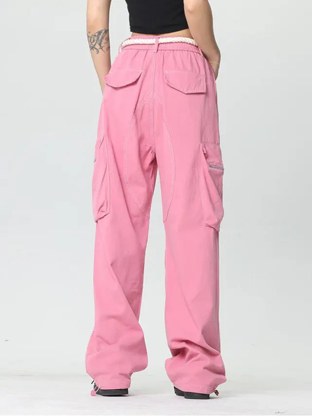 'Pink Wall'  Rope Belt Oversized Cargo Pants