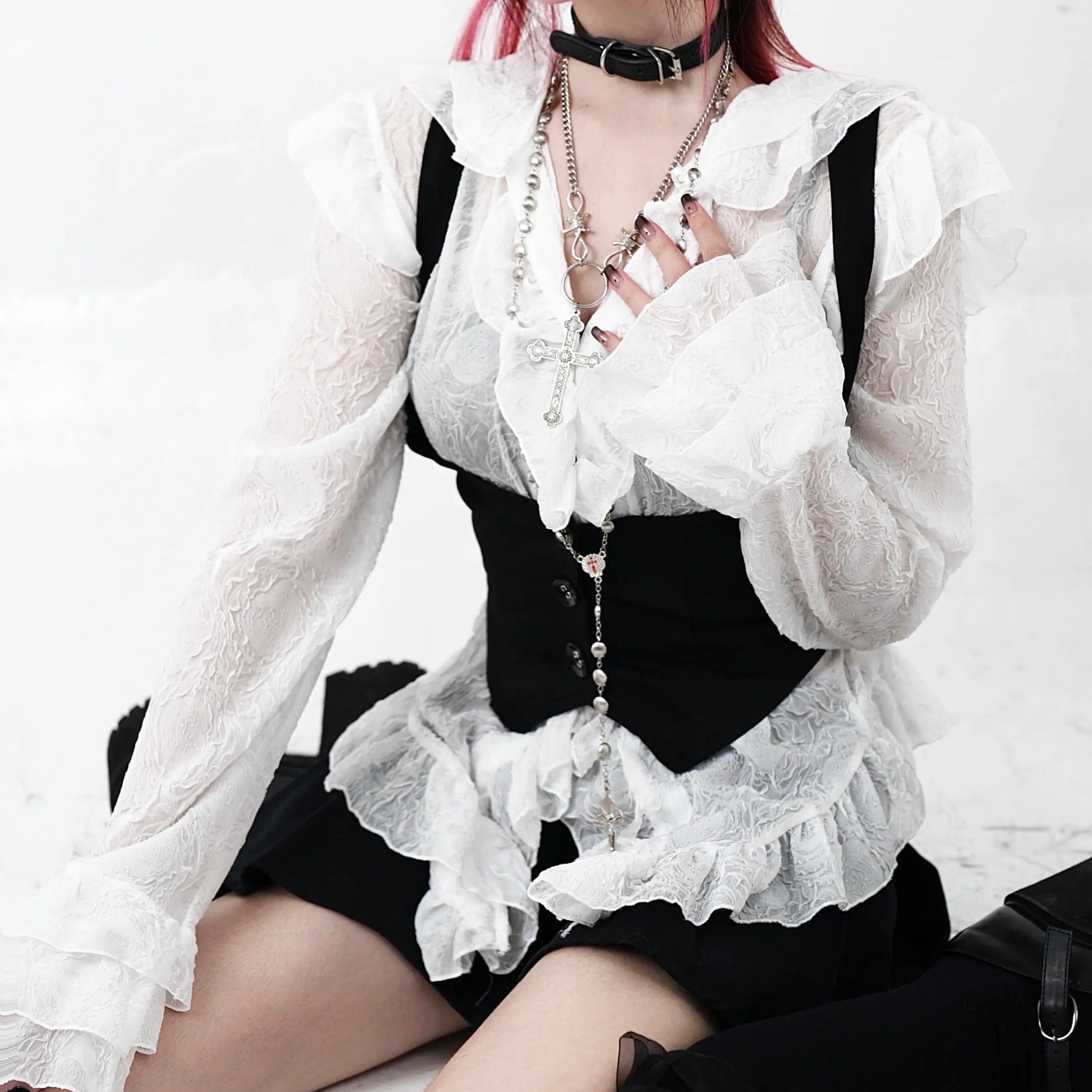 'Poetic' Goth White Ruffled Corset Shirts