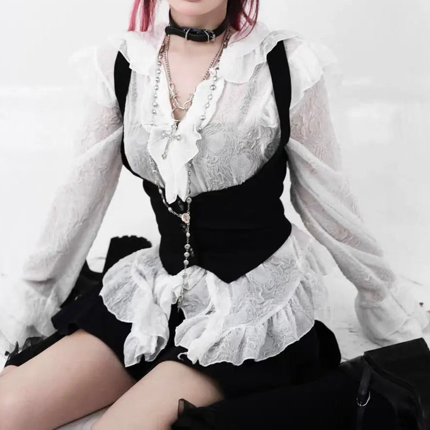 'Poetic' Goth White Ruffled Corset Shirts