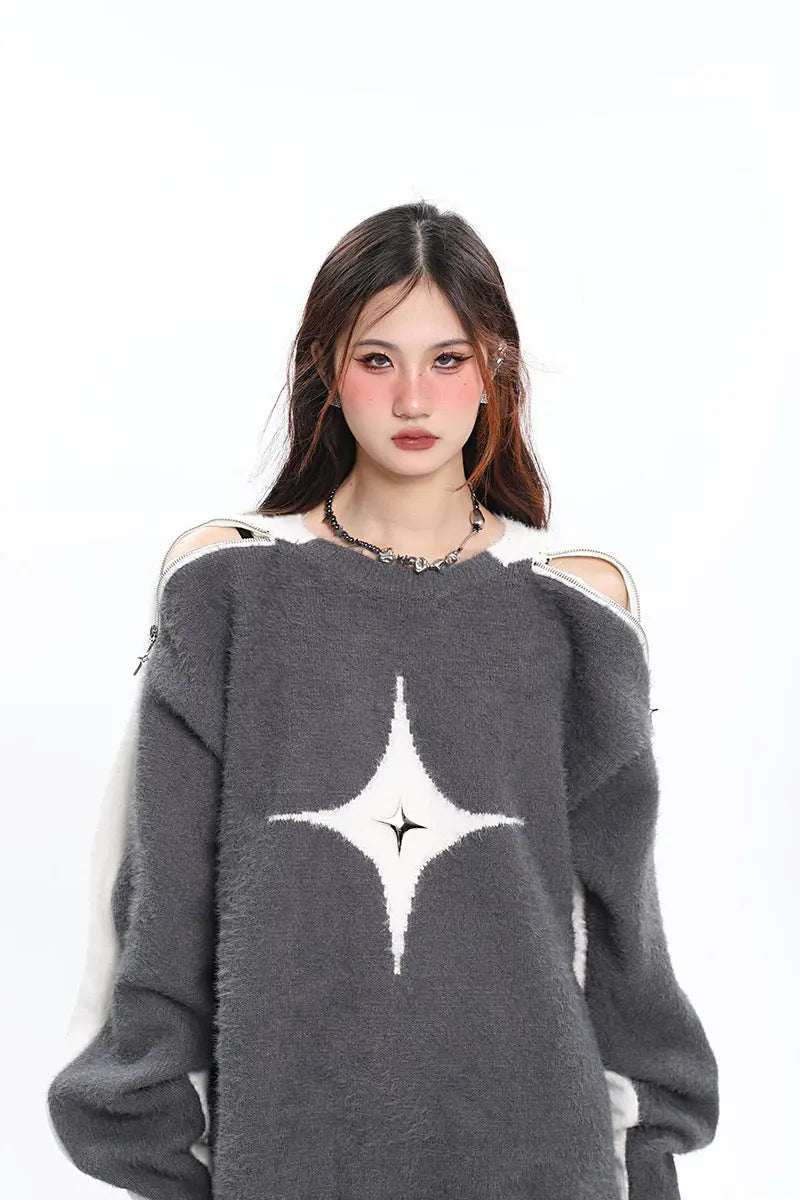 'Polaris' Star Hollow Out Zip Up Sweater