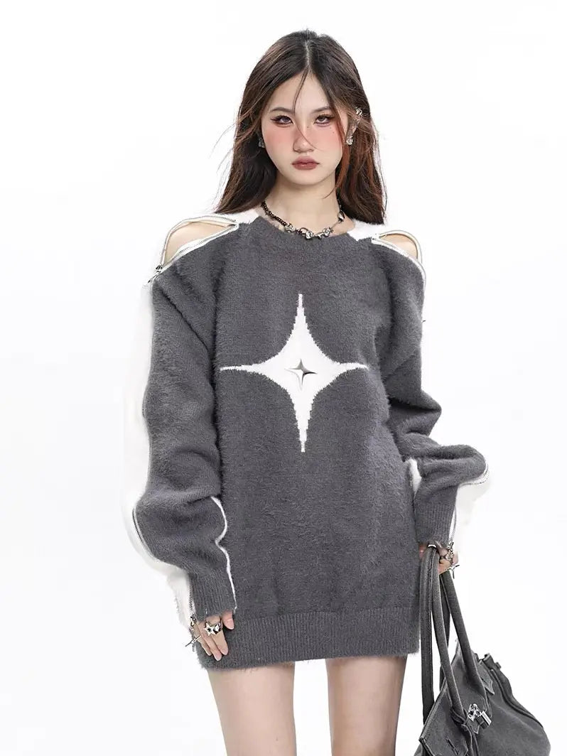 'Polaris' Star Hollow Out Zip Up Sweater