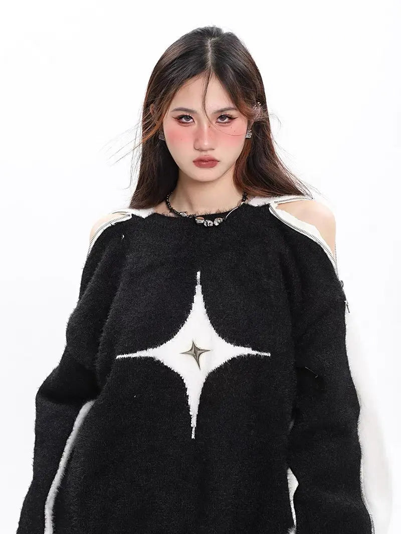 'Polaris' Star Hollow Out Zip Up Sweater