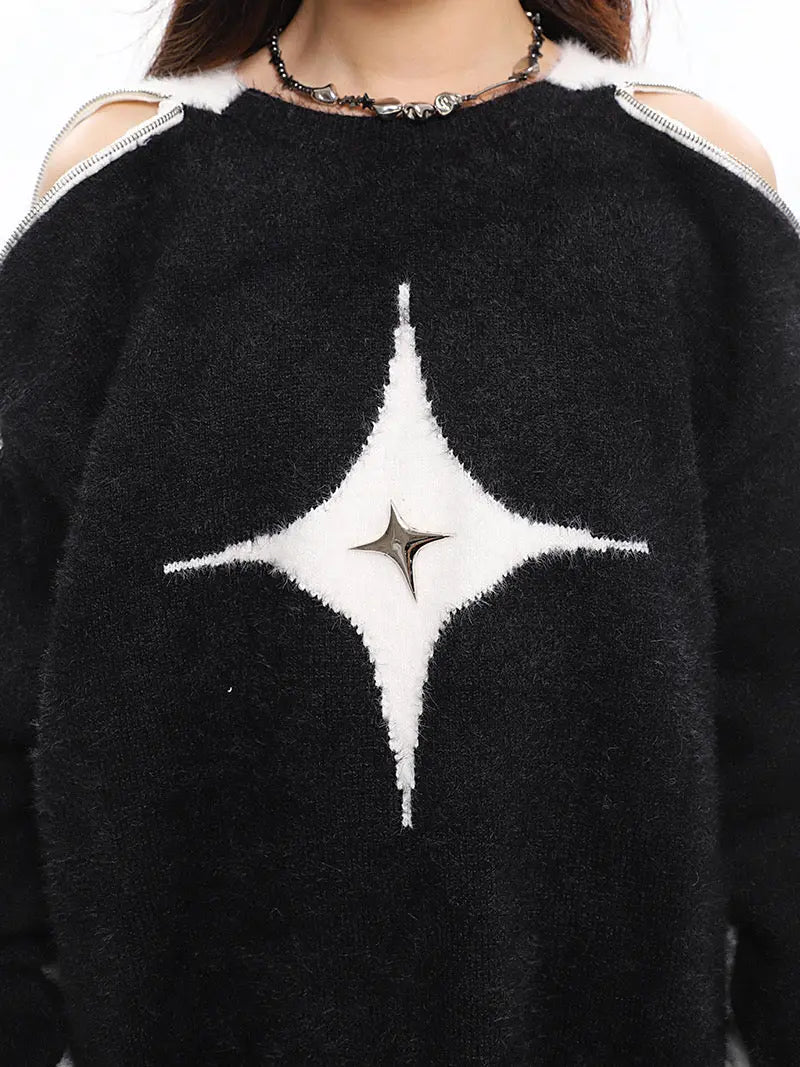 'Polaris' Star Hollow Out Zip Up Sweater