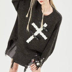 'Promise' Buckle Cross Ripped Sweater