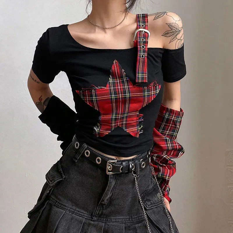 'Punk Princess' Red Star Prints Gloves Top