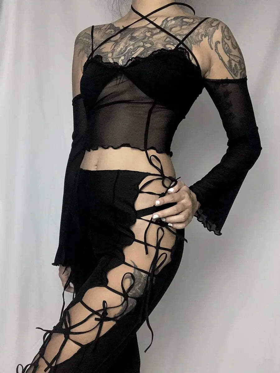 'Puzzle' Goth Lace-Up Stretchy Top