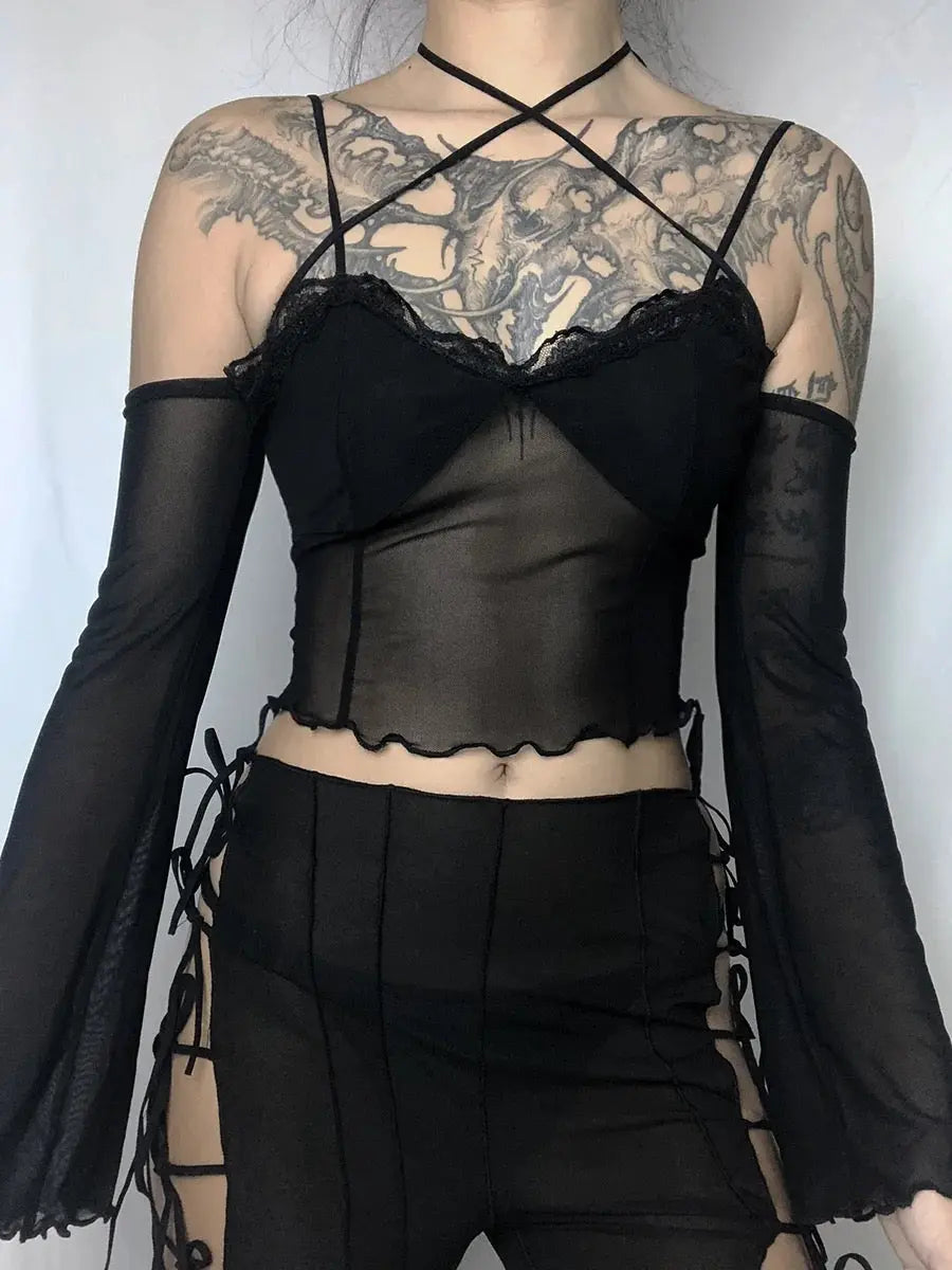 'Puzzle' Goth Lace-Up Stretchy Top