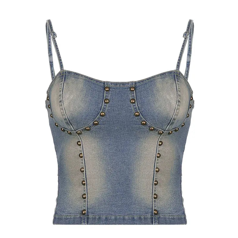 'Rabbit Grass' Fairy Grunge Denim Rivet Top