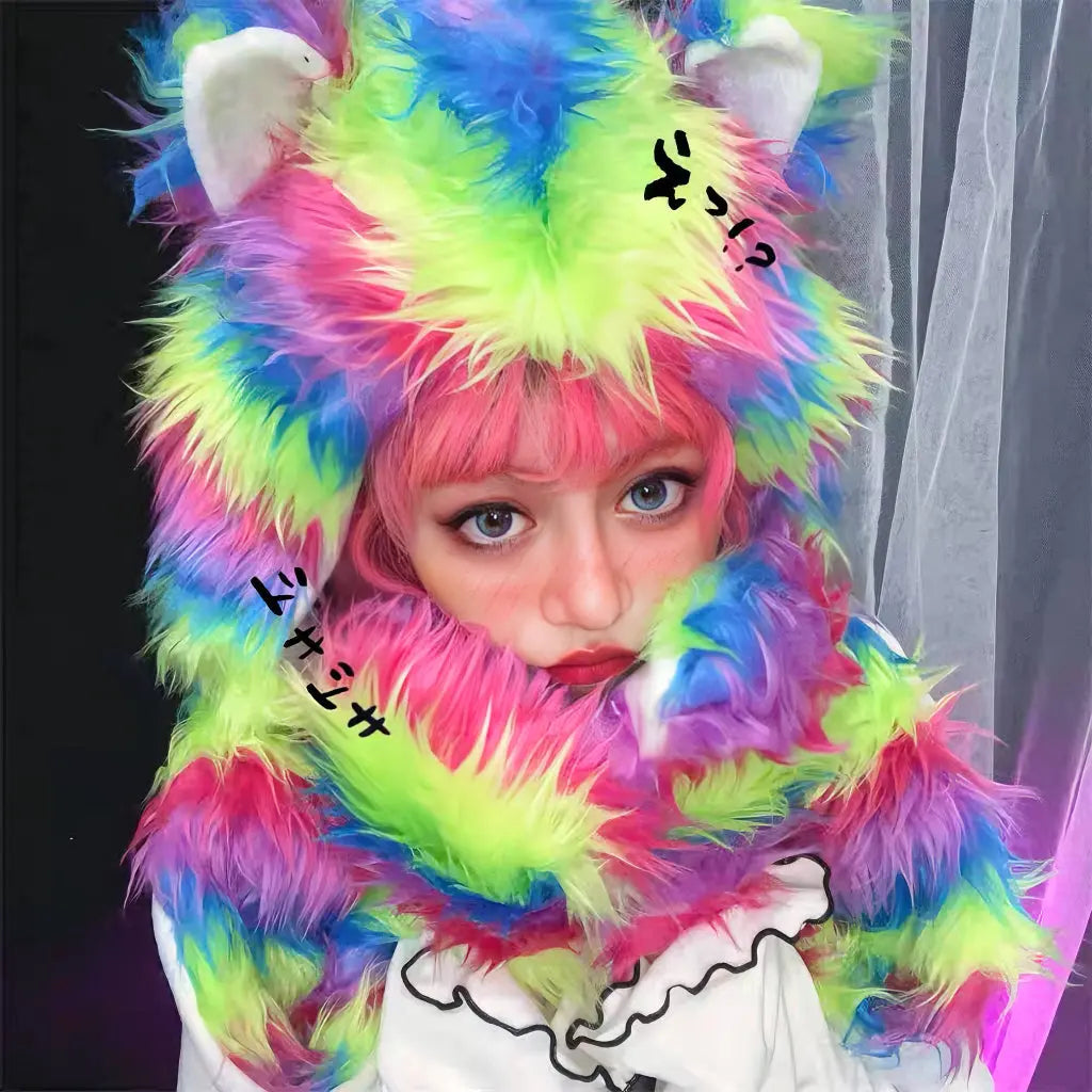 'Rainbow Bear' Furry Pride Pastel Rainbow Hooded Scarf