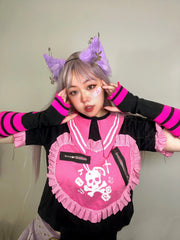 'Raspberry' Harajuku Striped Pink Skull Gloves