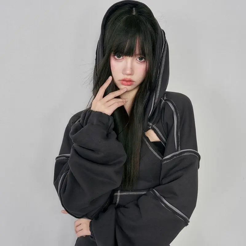 'Raven' Cropped Irregular Cutout Hoodie