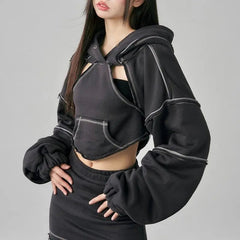 'Raven' Cropped Irregular Cutout Hoodie