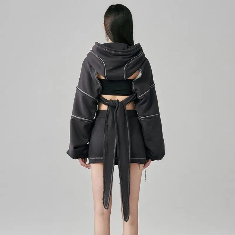 'Raven' Cropped Irregular Cutout Hoodie