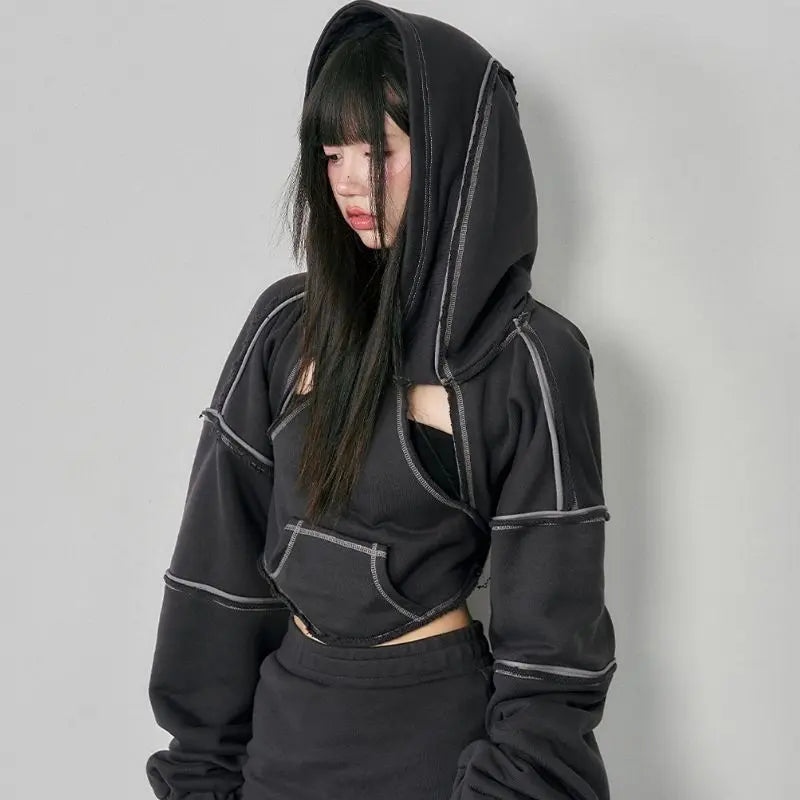 'Raven' Cropped Irregular Cutout Hoodie