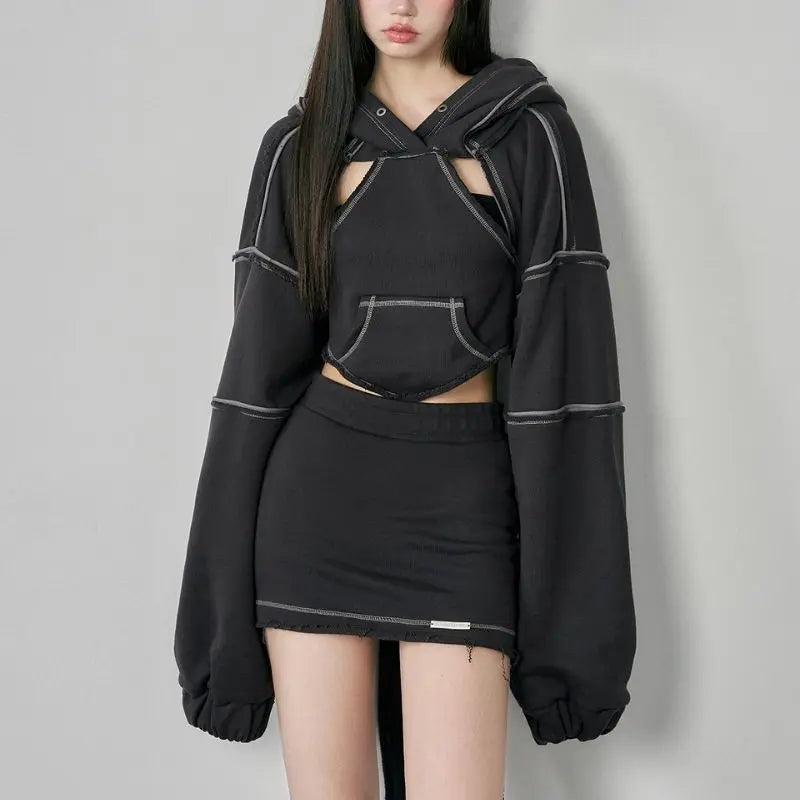 'Raven' Cropped Irregular Cutout Hoodie