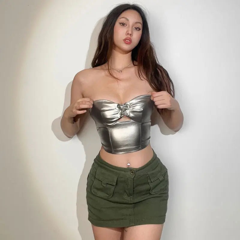 'Robot Gf' Metallic Heart Shape Buckle Strapless Top