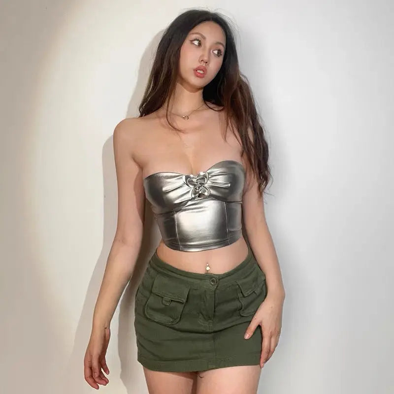 'Robot Gf' Metallic Heart Shape Buckle Strapless Top